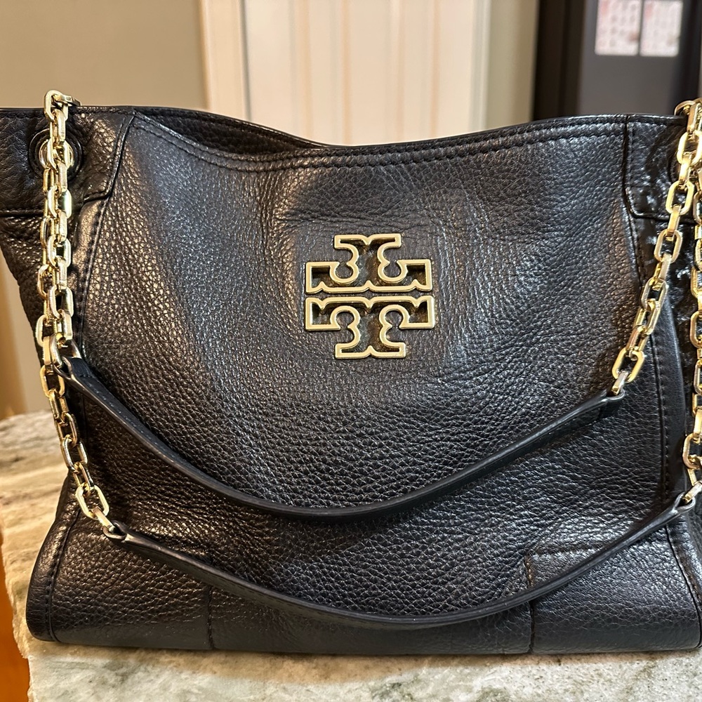Tory Burch Black Pebbled Leather Shoulder Bag with Gold Accents